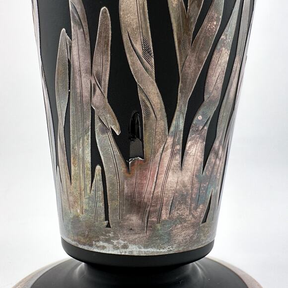 Vintage Black Satin Glass Vase with Sterling Silver Iris Overlay Art Deco Style - Picture 11 of 13